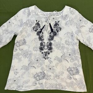 Malvin I Love Linen Womens  Top Sz 10Blue Paisley Floral Embroidered Boho Chic